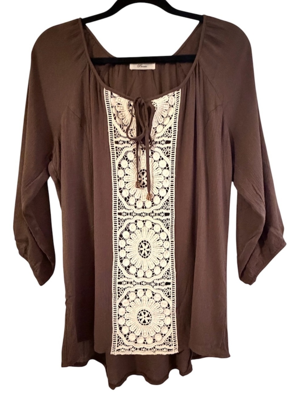 Boutique Pronto Brown Boho Crochet Peasant Blouse Size Medium